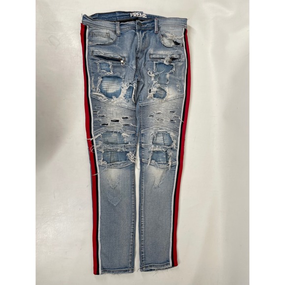 Preme Other - Preme Mens 34x32 Moto Biker Jeans Distressed Light Wash Side Stripe Slim Fit